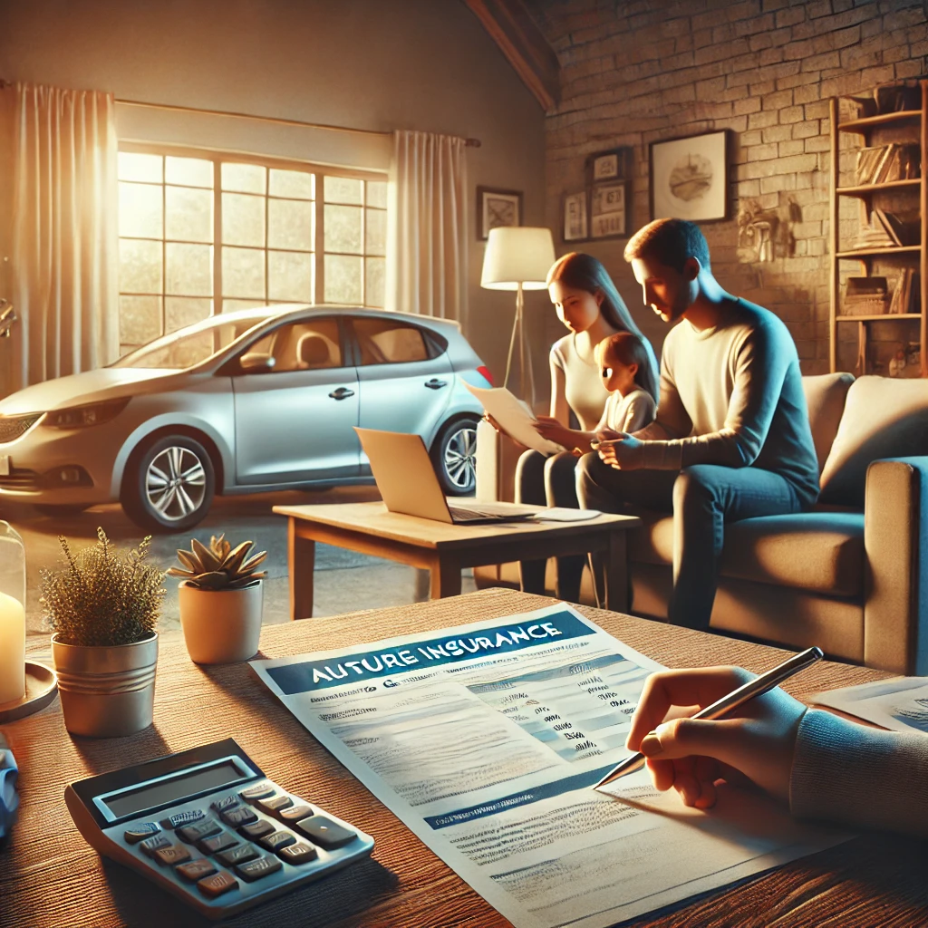 Familia revisando documentos de seguros de Autos y Hogar en casa, con un coche visible a través de la ventana, simbolizando la gestión de gastos en Badajoz.